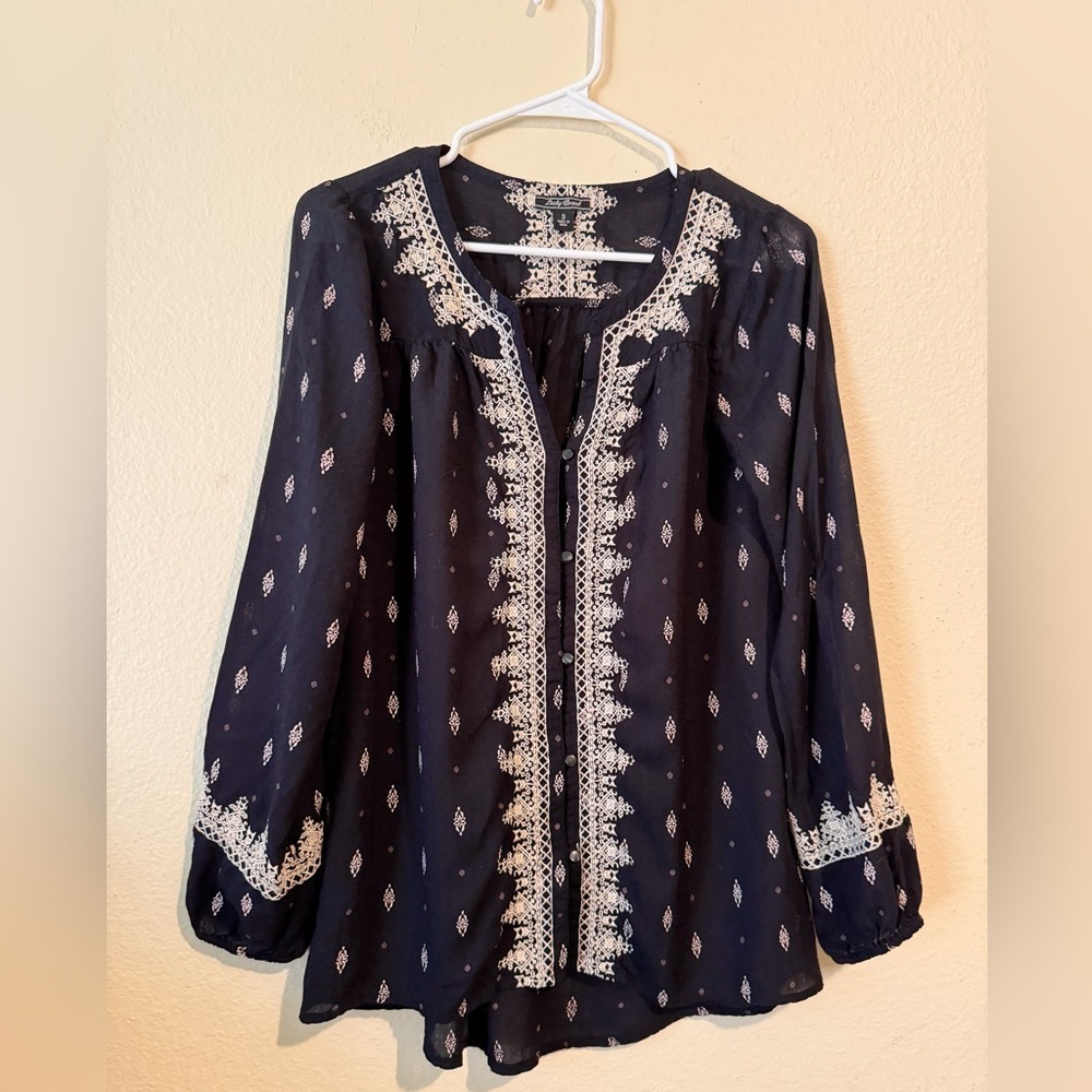 Lucky Brand Embroidered Boho Peasant Top Black Beige Blouse Sz S